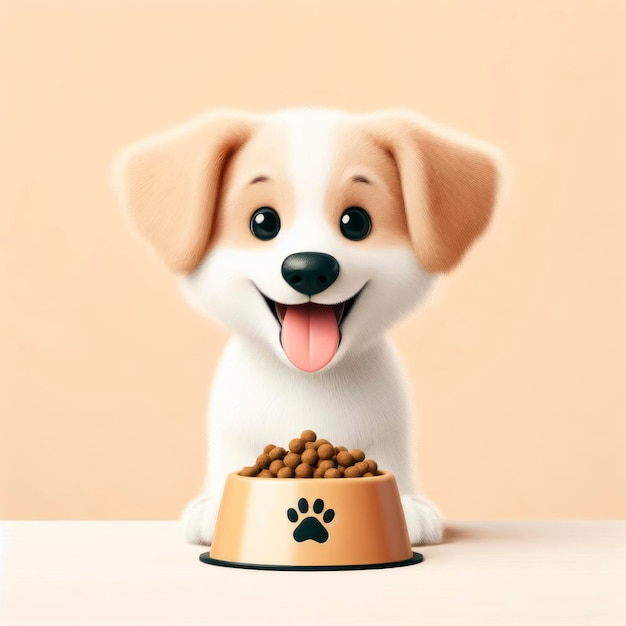 Smiling happy dog standing in front of bowl with dog food ai generative