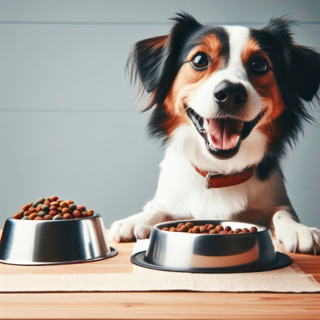 Smiling happy dog standing in front of bowl with dog food on plain background ai generative