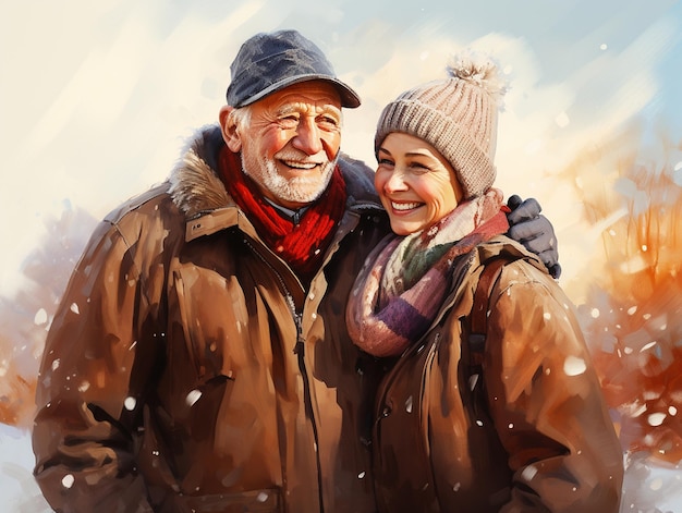 Smiling happy elderly couple at winter walk Illustration Aging with dignity active life