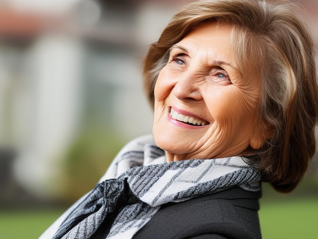 Foto donna anziana elegante e felice sorridente su sfondo sfocato ia generativa