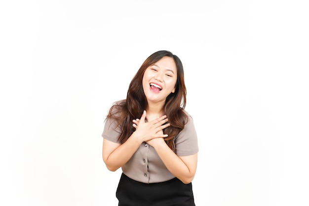 Smiling happy face hand on chest Of Beautiful Asian Woman Isolated On White Background