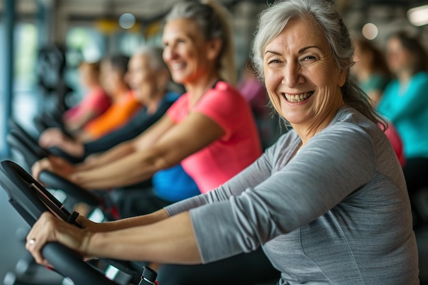 회색 머리를 가진 웃고 있는 건강하고 날씬한 노인 여성이 그룹과 함께 체육관에서 운동을 하고 있습니다.