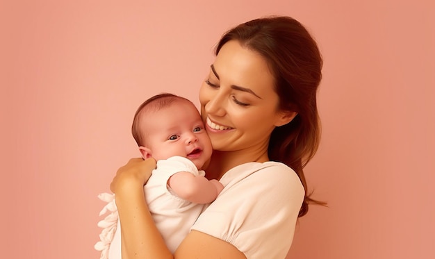 Smiling happy mother and little newborn baby