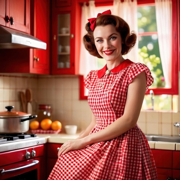 Photo smiling happy retro vintage 1950s housewife in red kitchen