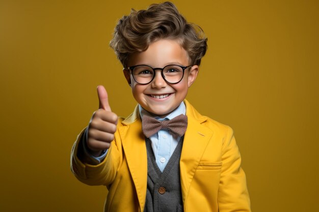 Фото Улыбающийся счастливый школьник в школьной форме показывает большой палец на желтом фоне.