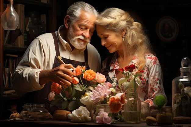 Foto una coppia di anziani sorridenti e felici con dei fiori freschi.