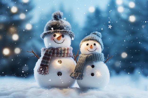 Smiling happy snowman in winter scenery and Christmas lights with copy space