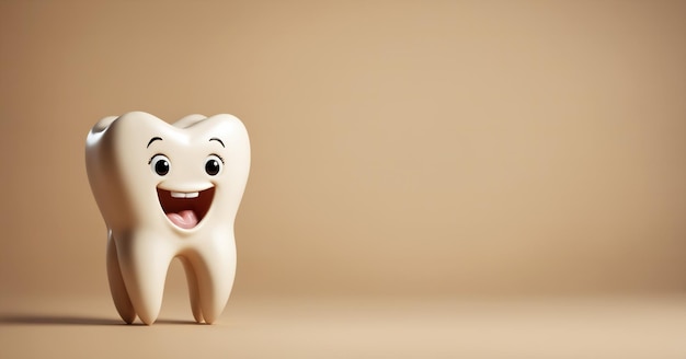 웃는 행복한  ⁇  이빨 3D 캐릭터 베이지 배경 선택적 초점 더 큰 복사 공간 베이지 배경