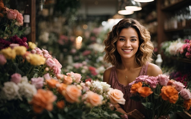 A smiling happy woman in her flower shop among a variety of colorful bouquets