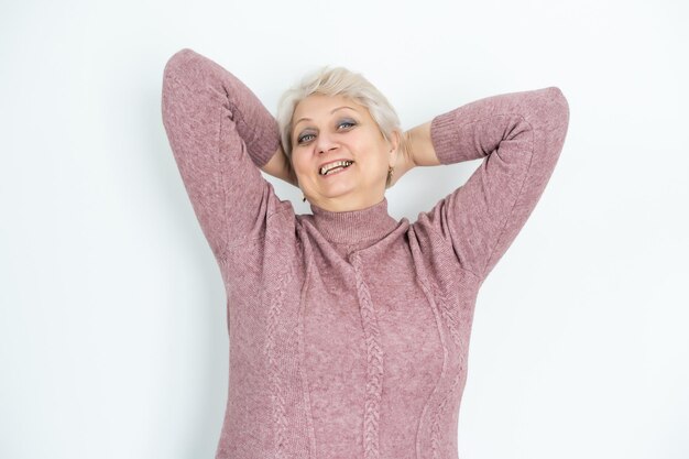 Smiling happy woman. Isolated over white background.