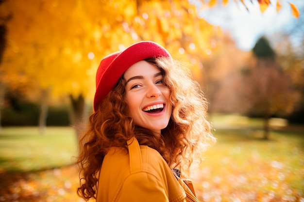 Smiling happy woman looking behind in an autumn day