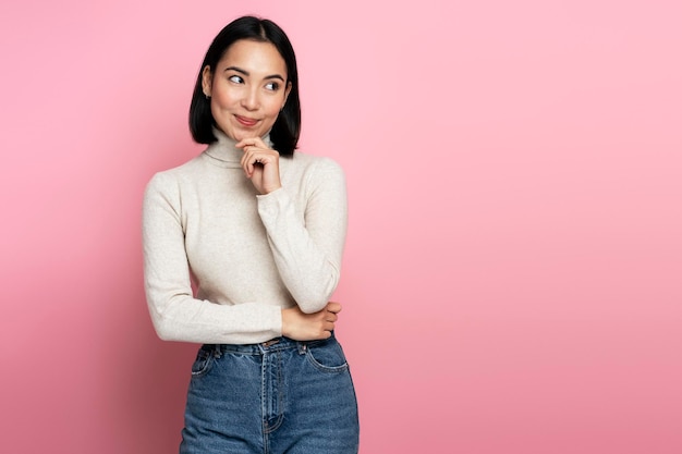 Smiling happy woman looking away with cute positive face