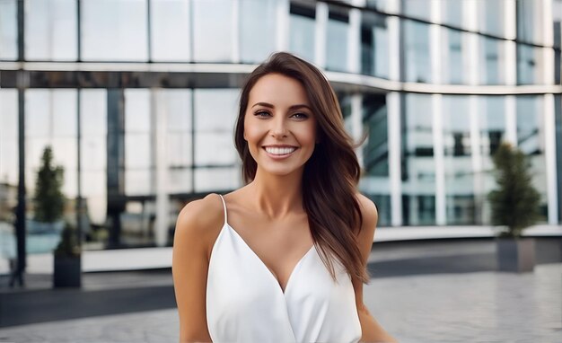 Foto una giovane donna felice sorridente di 30 anni con un vestito bianco una ragazza in un ambiente urbano all'aperto ai
