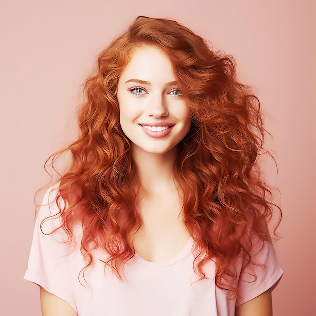 smiling happy young woman with long curly hair standing isolated over light pink background