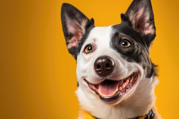 A smiling headshot of a cute happy dog on a bright yellow background