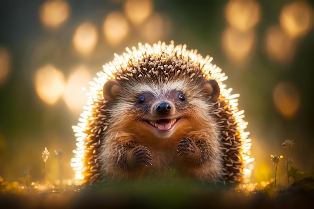 Smiling hedgehog sitting on top of lush green field next to forest Generative AI