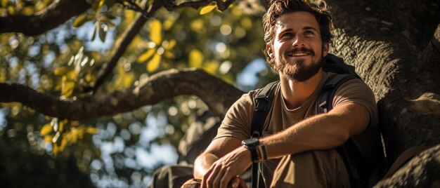 Foto un escursionista sorridente che si diverte nella natura