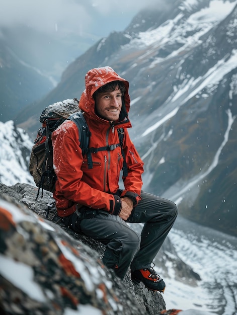 Smiling hiker in red jacket on mountain