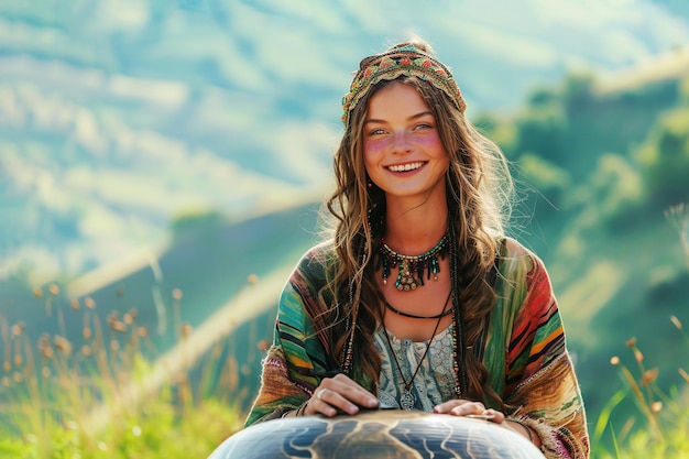 사진 미소 짓는 히피 소녀 는 산 의 자연 에서 민족적 인 타악기 를 연주 한다