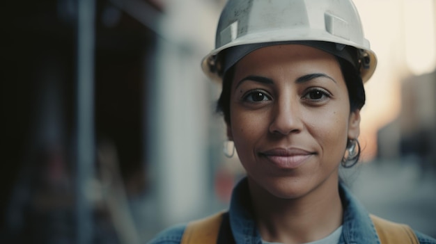 A smiling Hispanic female construction worker standing in construction site