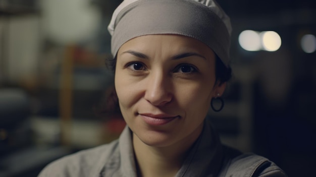 A smiling Hispanic female electronic factory worker standing in factory