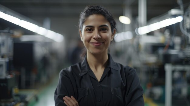 A smiling Hispanic female electronic factory worker standing in factory