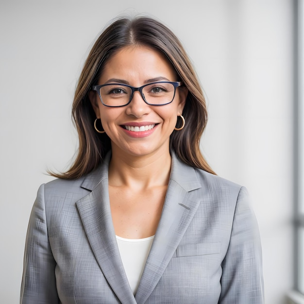 Smiling Hispanic female executive wearing eyeglasses standing in studio