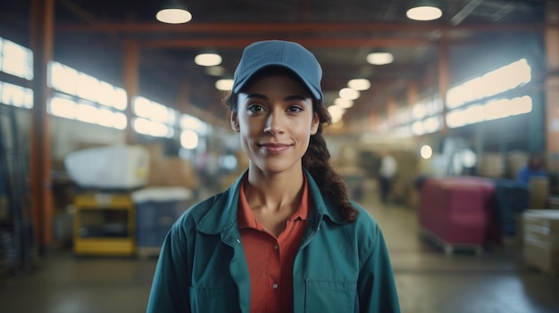 Photo smiling hispanic female factory worker posing looking at the camera