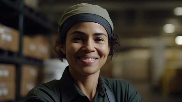 A smiling Hispanic female factory worker standing in warehouse