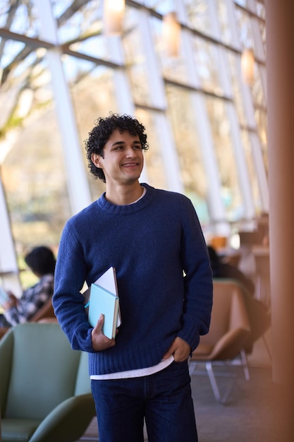 Smiling Hispanic guy holding laptop looking aside while visiting a modern library