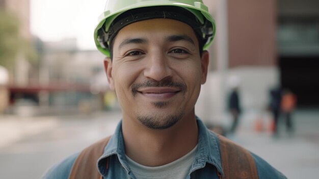 A smiling Hispanic male construction worker standing in construction site