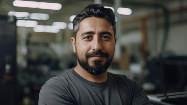 A smiling Hispanic male electronic factory worker standing in factory