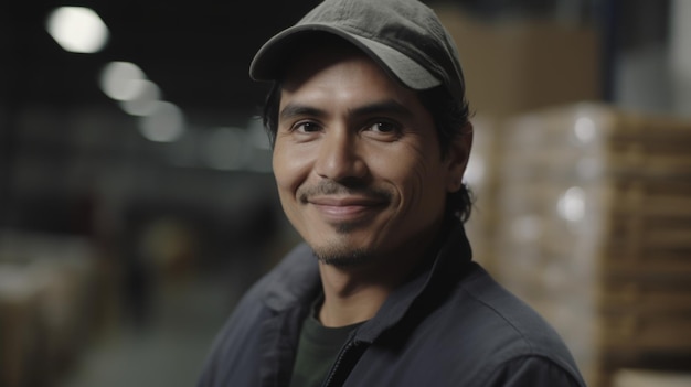 A smiling Hispanic male factory worker standing in warehouse