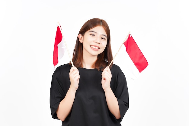 Smiling and Holding Indonesian Flag Of Beautiful Asian Woman Isolated On White Background