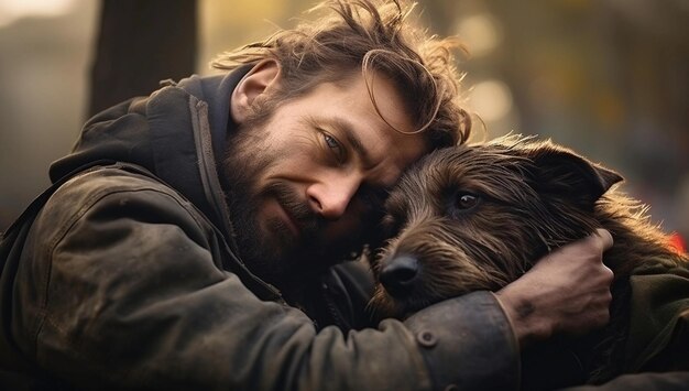 Photo smiling homeless man with a dog on the street sunny day