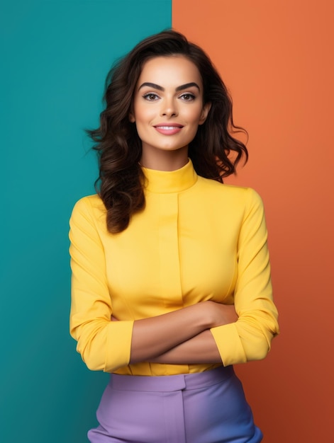 smiling hot business woman colorful clothes