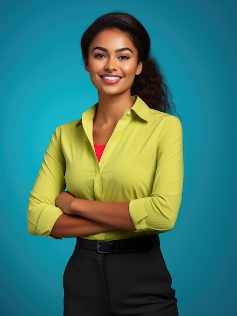 Smiling hot business woman colorful clothes