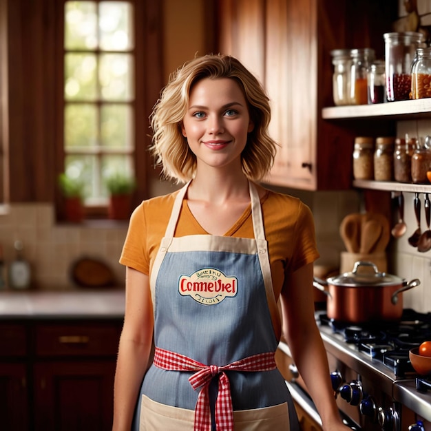 Smiling housewife wearing apron in kitchen