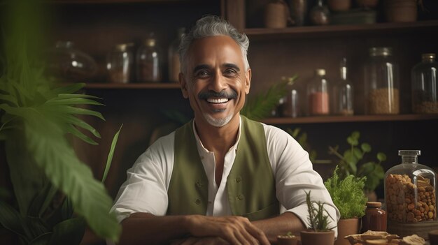 A smiling Indian Ayurvedic doctor in his clinic surrounded by Ayurvedic medicines