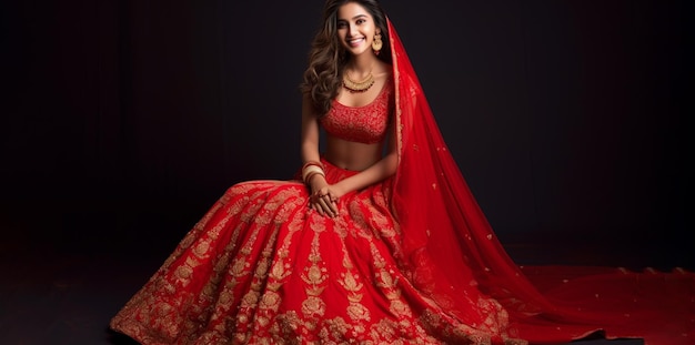 Smiling Indian Bridal Wearing Red Lehenga and Jewellery