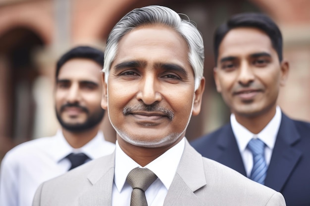 Фото Улыбающийся индийский бизнесмен, стоящий на улице с коллегами, созданный с помощью генеративного ии