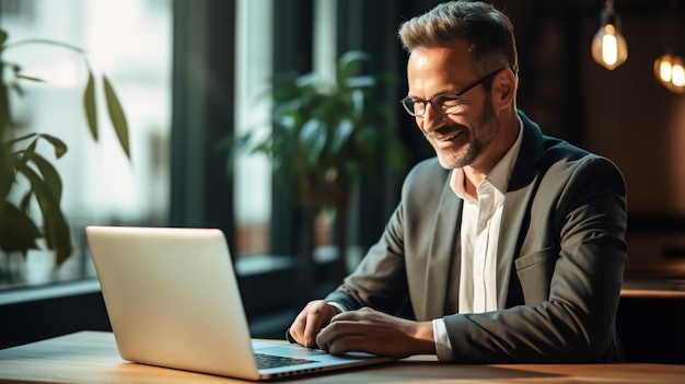 Smiling indian business man working on laptop at home office Young indian student or remote teacher