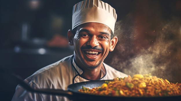 사진 미소 짓는 인도 요리사가 맛있는 매운 요리를 요리하며 인도 요리의 향기로운 매력을 보여줍니다.