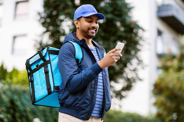 Photo smiling indian delivery man with bag and phone