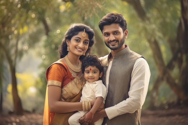 a smiling indian family holding their young son in a park