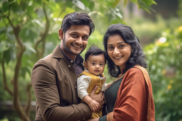 a smiling indian family holding their young son in a park