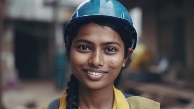 A smiling Indian female construction worker standing in construction site