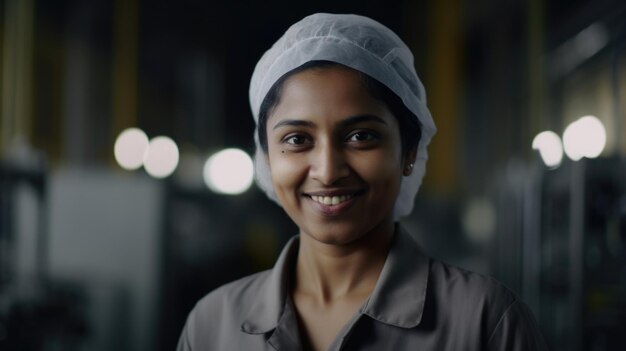 A smiling Indian female electronic factory worker standing in factory