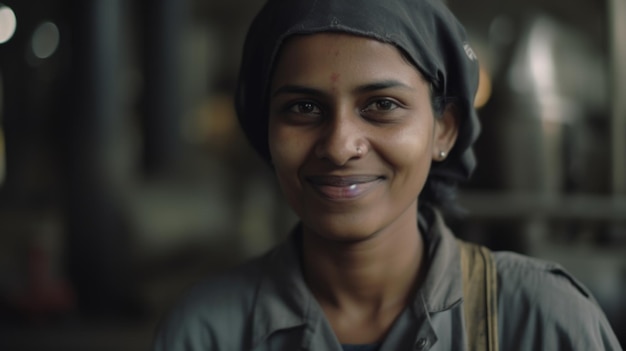 製油所に立つ笑顔のインド人女性工場労働者