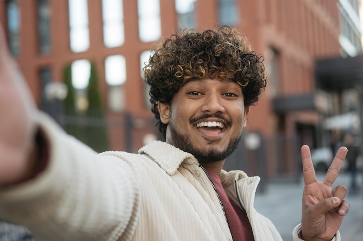 Photo smiling indian influencer recording video, communication online, showing victory sign on the street
